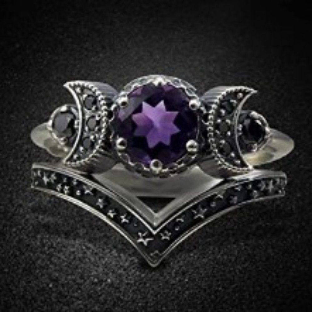 💜Purple Amethyst 3 Moon Ring New